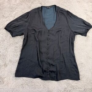 Banana Republic Black Button Down Top Blouse Puff Short Sleeve Womens‎ L